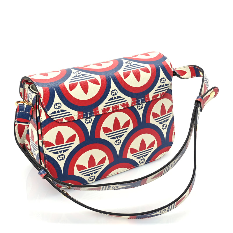  Gucci X ADIDAS Shangai Calfskin Web Trefoil Interlocking G Small Horsebit 1955 Shoulder Bag Red White Blue