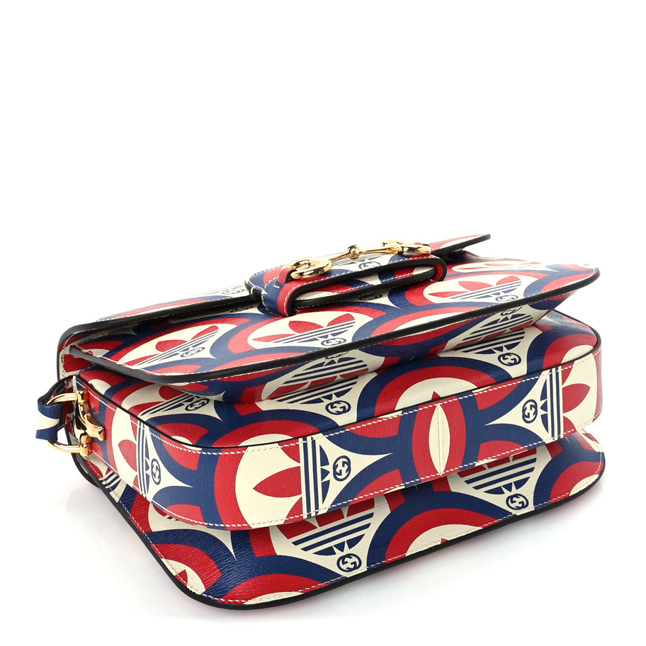Gucci X ADIDAS Shangai Calfskin Web Trefoil Interlocking G Small Horsebit 1955 Shoulder Bag Red White Blue Image 3