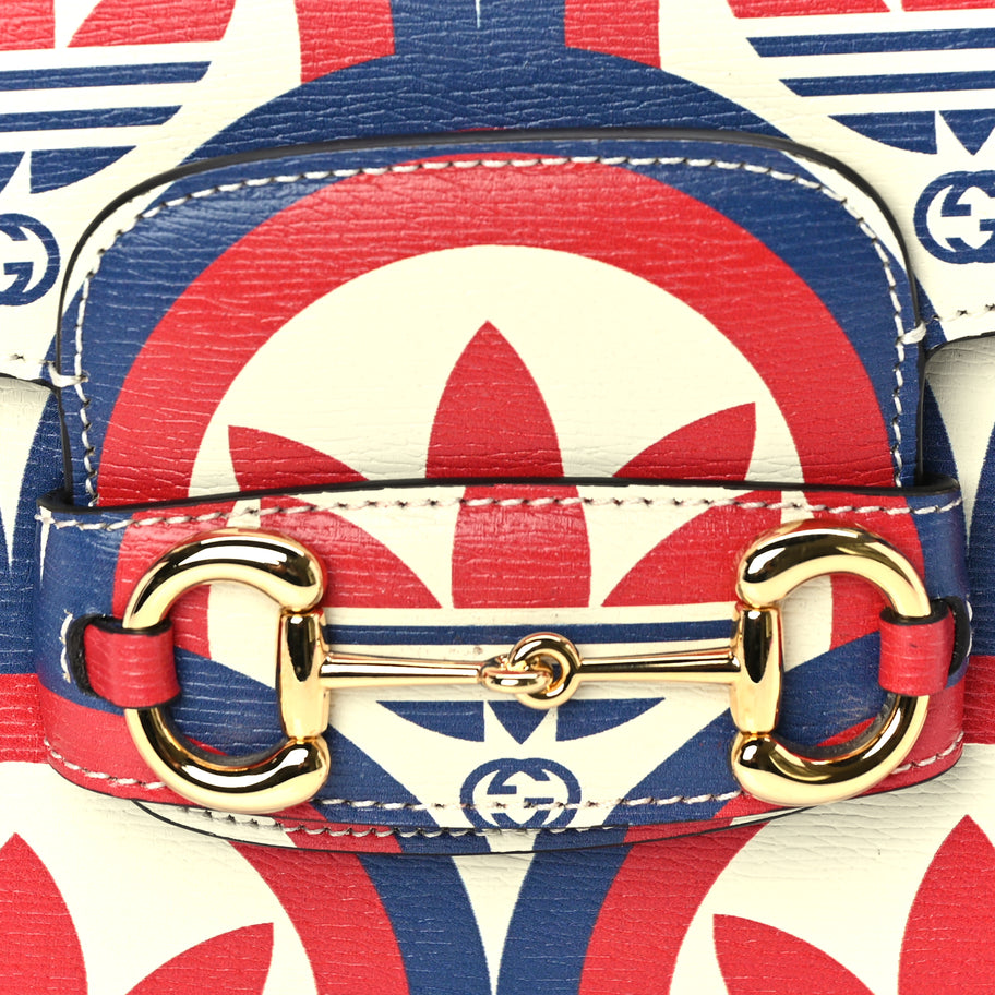 Gucci X ADIDAS Shangai Calfskin Web Trefoil Interlocking G Small Horsebit 1955 Shoulder Bag Red White Blue Image 6