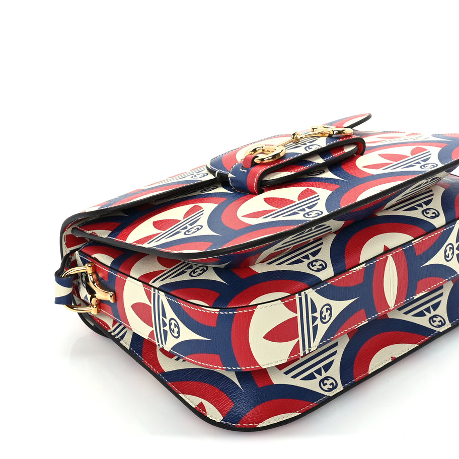 Gucci X ADIDAS Shangai Calfskin Web Trefoil Interlocking G Small Horsebit 1955 Shoulder Bag Red White Blue Image 7