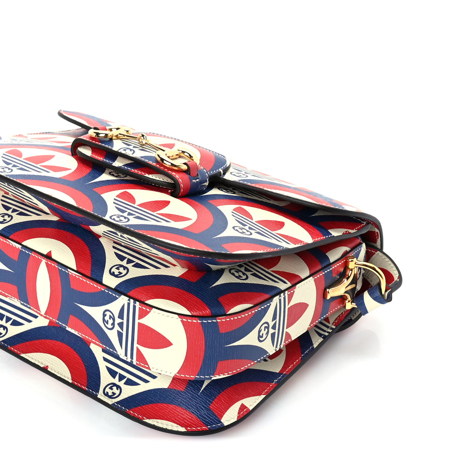Gucci X ADIDAS Shangai Calfskin Web Trefoil Interlocking G Small Horsebit 1955 Shoulder Bag Red White Blue Image 8