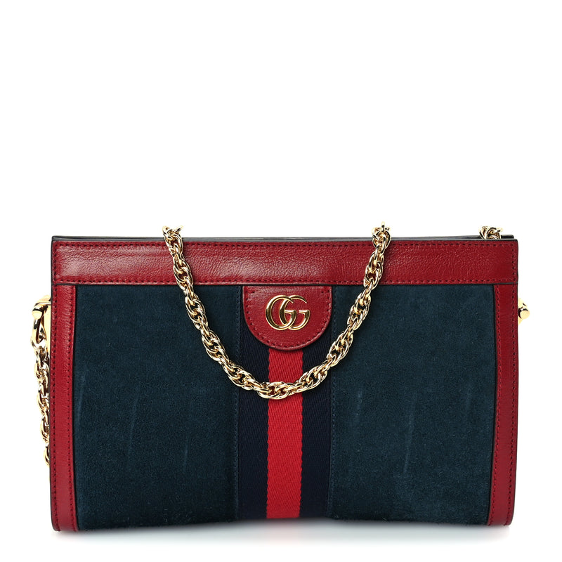  Gucci Suede Calfskin Web Small Ophidia Chain Shoulder Bag New Blue Romantic Cherry