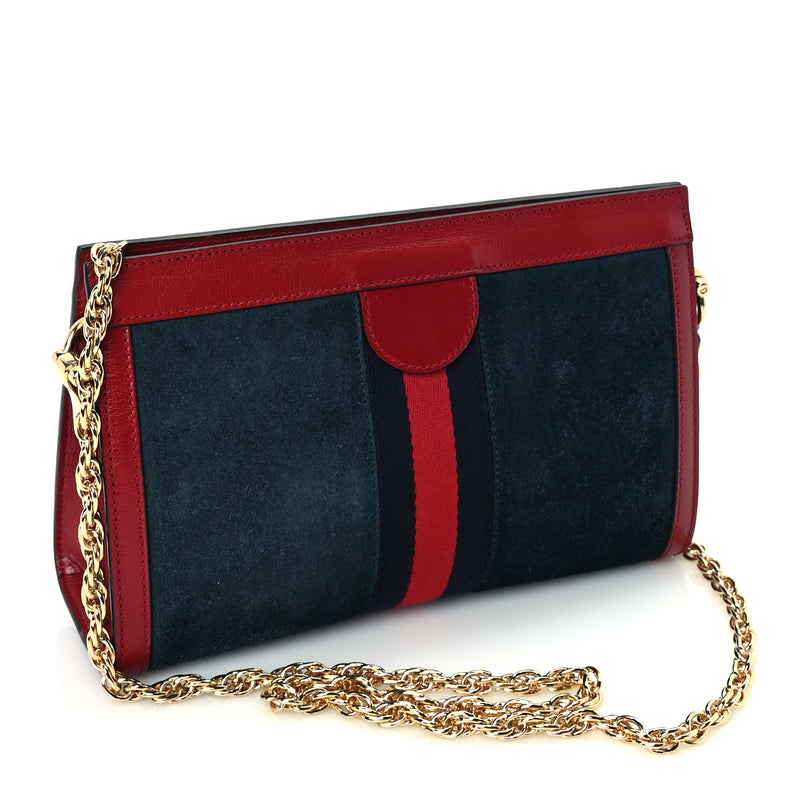  Gucci Suede Calfskin Web Small Ophidia Chain Shoulder Bag New Blue Romantic Cherry