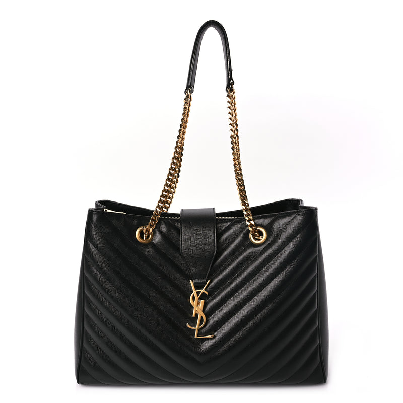  Saint Laurent Grain De Poudre Matelasse Chevron Monogram Shopping Bag Black