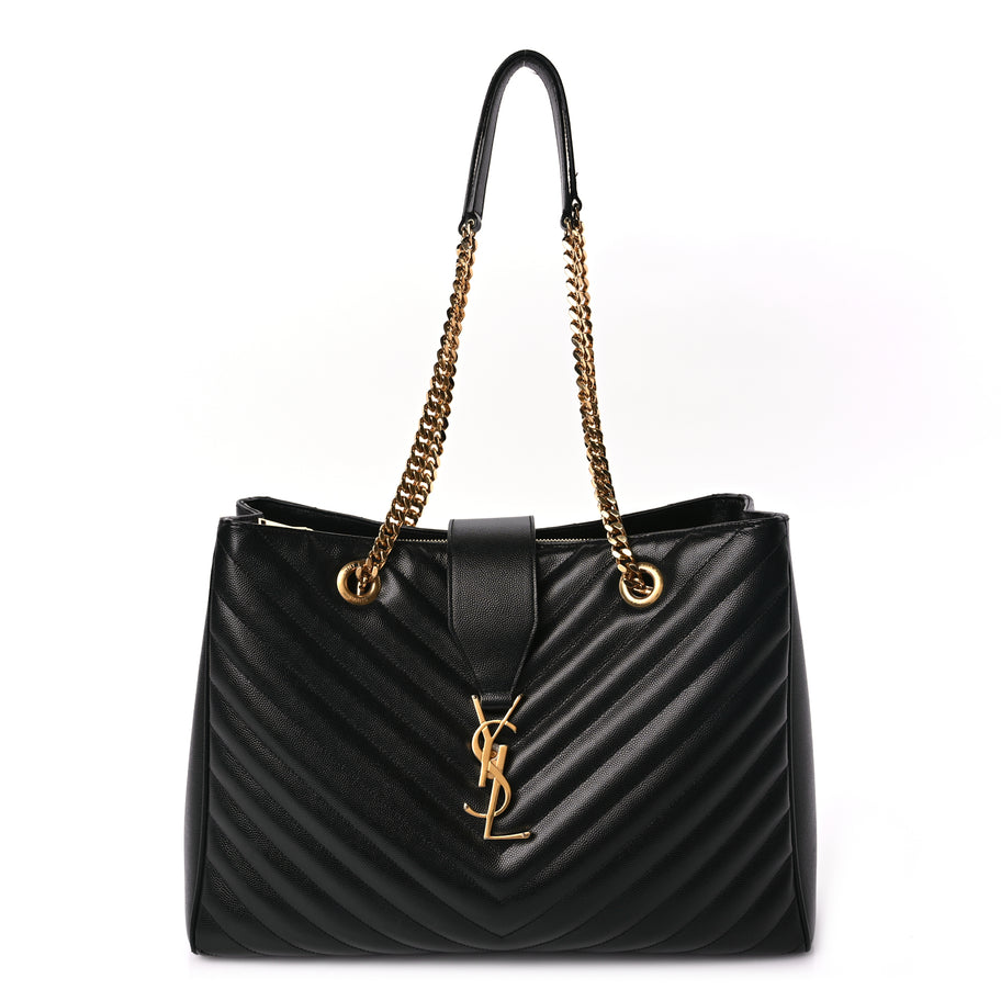 Saint Laurent Grain De Poudre Matelasse Chevron Monogram Shopping Bag Black Image 1