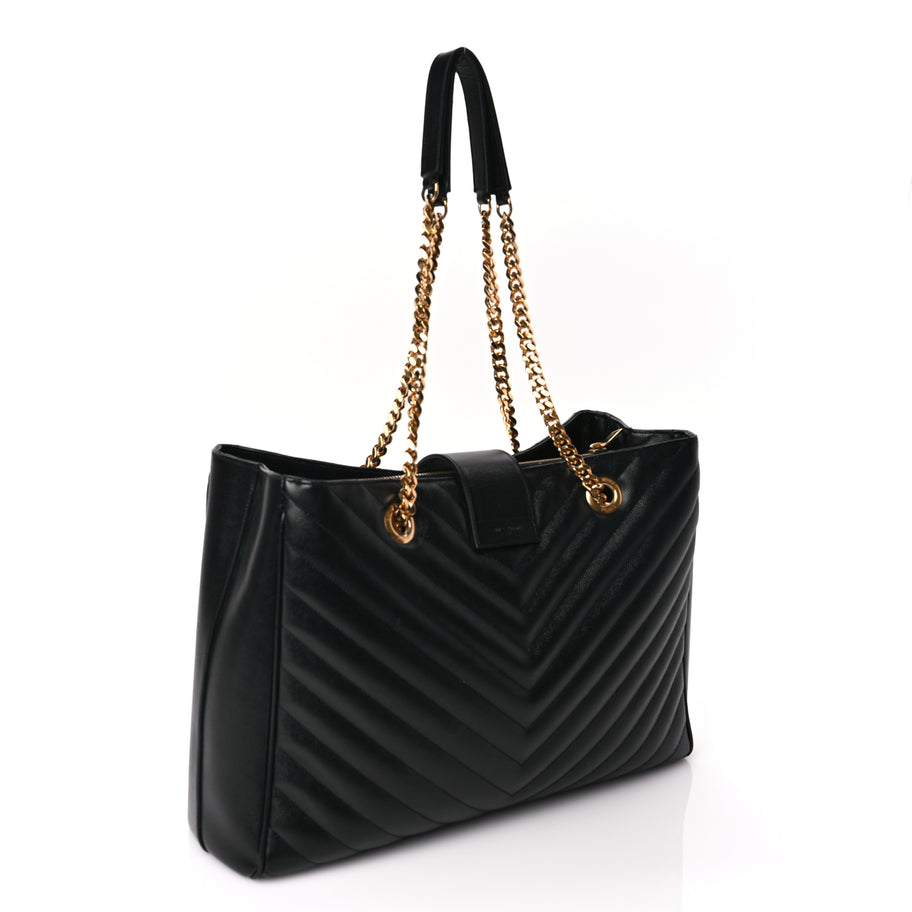 Saint Laurent Grain De Poudre Matelasse Chevron Monogram Shopping Bag Black Image 2