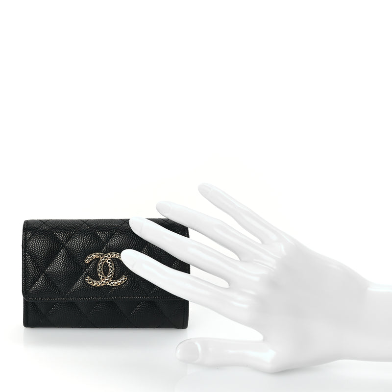  Chanel CHANEL Caviar Metal Perforated Quilted CC Flap Card Holder Black
