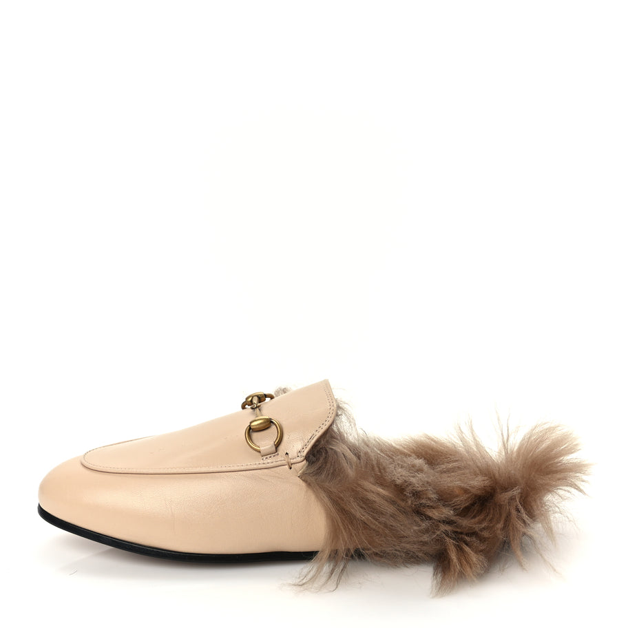 Gucci Calfskin Fur Womens Princetown Slippers 38 Beige Image 1