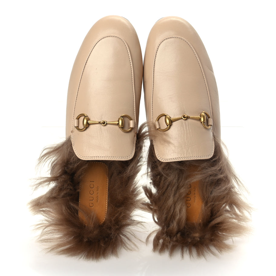 Gucci Calfskin Fur Womens Princetown Slippers 38 Beige Image 2
