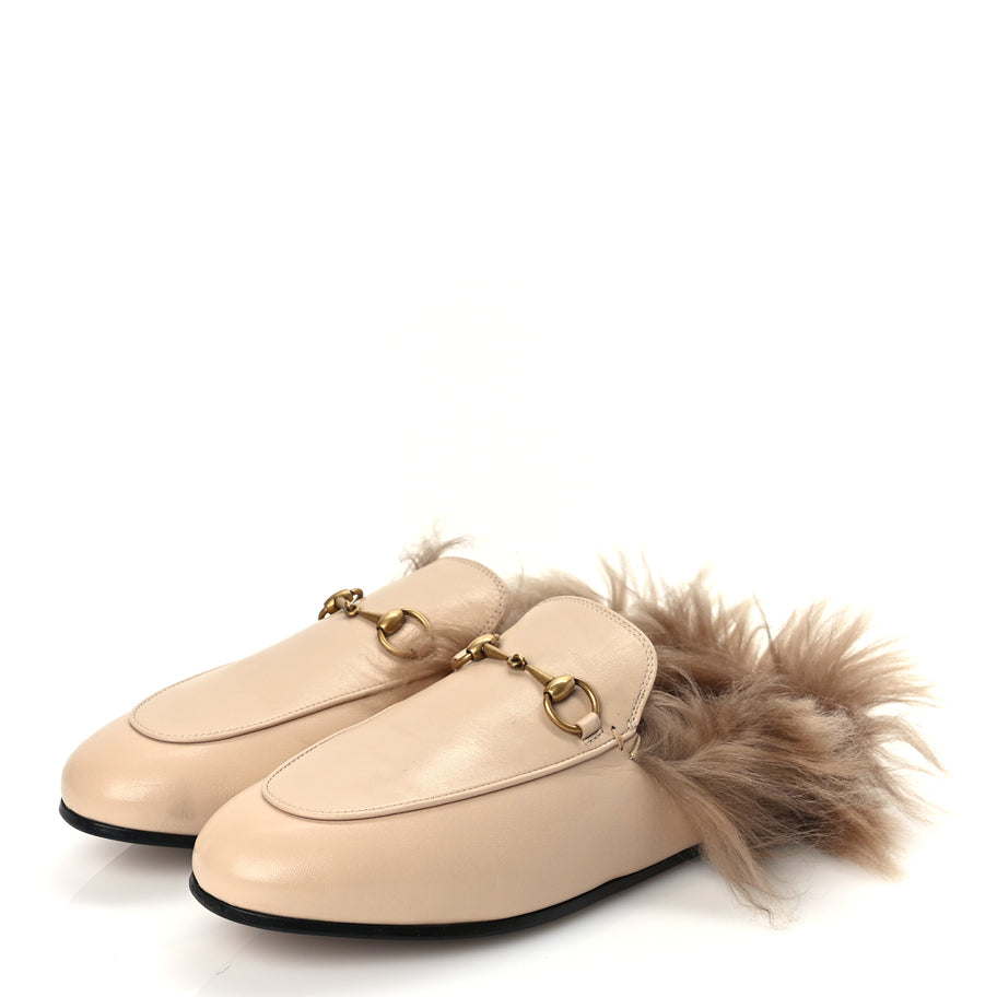 Gucci Calfskin Fur Womens Princetown Slippers 38 Beige Image 4