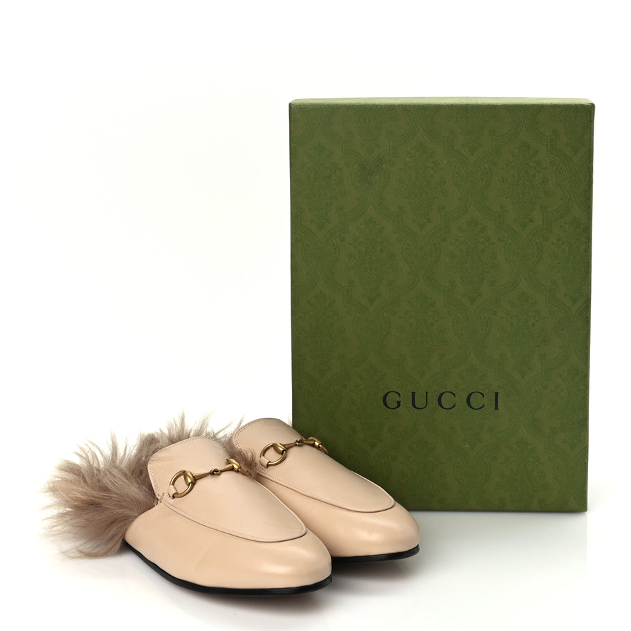 Gucci Calfskin Fur Womens Princetown Slippers 38 Beige Image 9