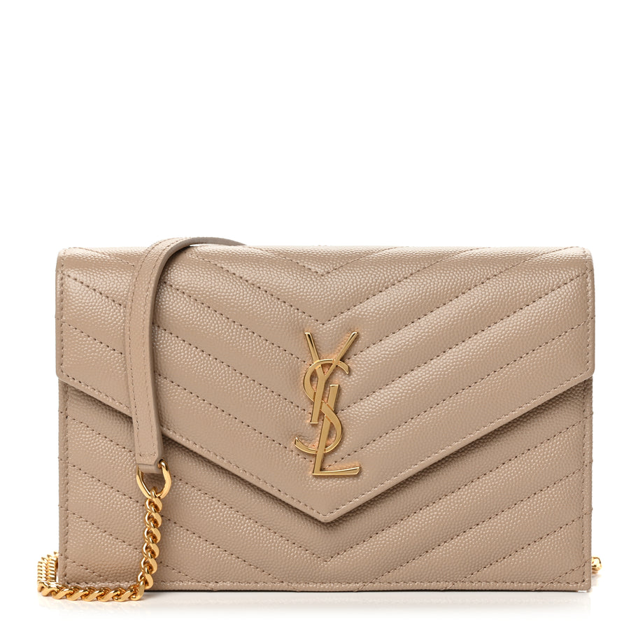 Saint Laurent Grain De Poudre Matelasse Chevron Monogram Envelope Chain Wallet Dark Beige Image 1