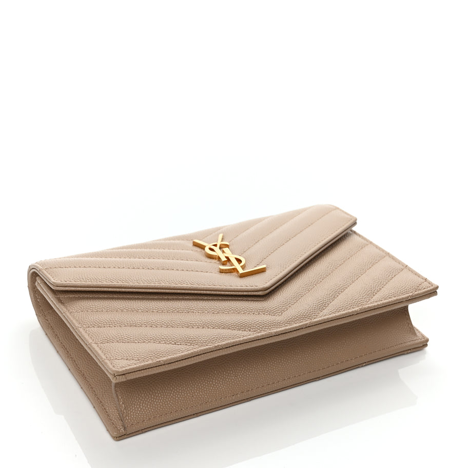 Saint Laurent Grain De Poudre Matelasse Chevron Monogram Envelope Chain Wallet Dark Beige Image 3