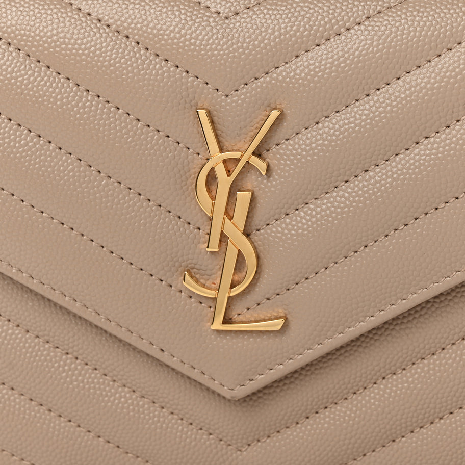 Saint Laurent Grain De Poudre Matelasse Chevron Monogram Envelope Chain Wallet Dark Beige Image 7