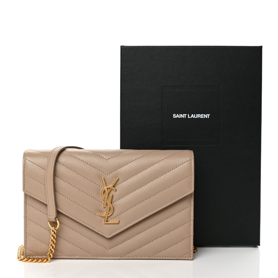 Saint Laurent Grain De Poudre Matelasse Chevron Monogram Envelope Chain Wallet Dark Beige Image 10