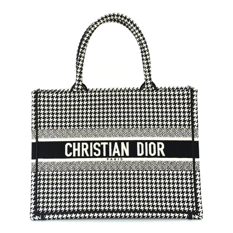  Christian Dior Canvas Houndstooth Embroidered Medium Book Tote  Black White