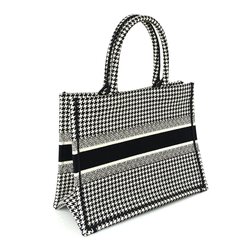  Christian Dior Canvas Houndstooth Embroidered Medium Book Tote  Black White