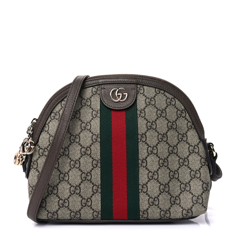 Gucci GG Supreme Monogram Textured Dollar Calfskin Web Small Ophidia Dome Shoulder Bag  Beige Ebony New Acero Image 1