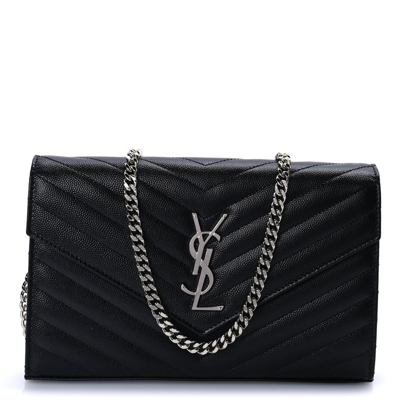  Saint Laurent Grain De Poudre Matelasse Chevron Monogram Chain Wallet Black