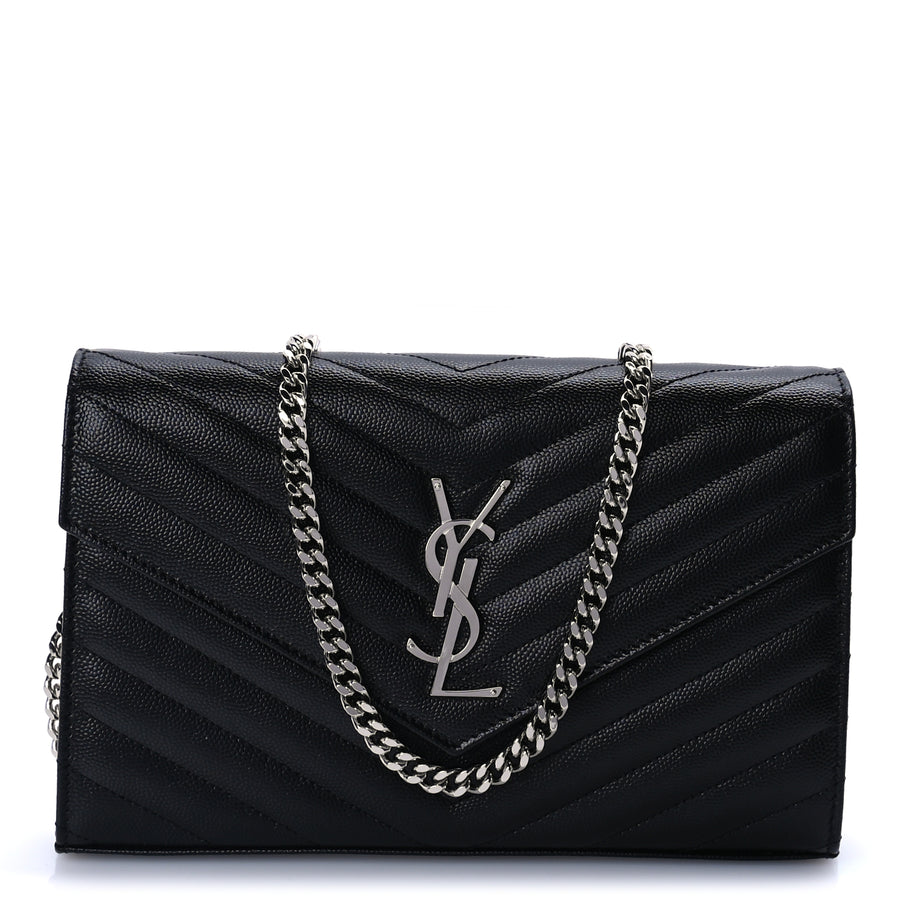 Saint Laurent Grain De Poudre Matelasse Chevron Monogram Chain Wallet Black Image 1