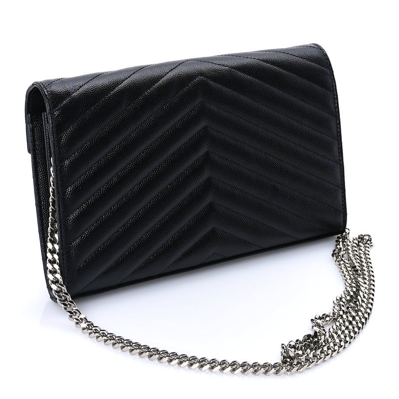  Saint Laurent Grain De Poudre Matelasse Chevron Monogram Chain Wallet Black