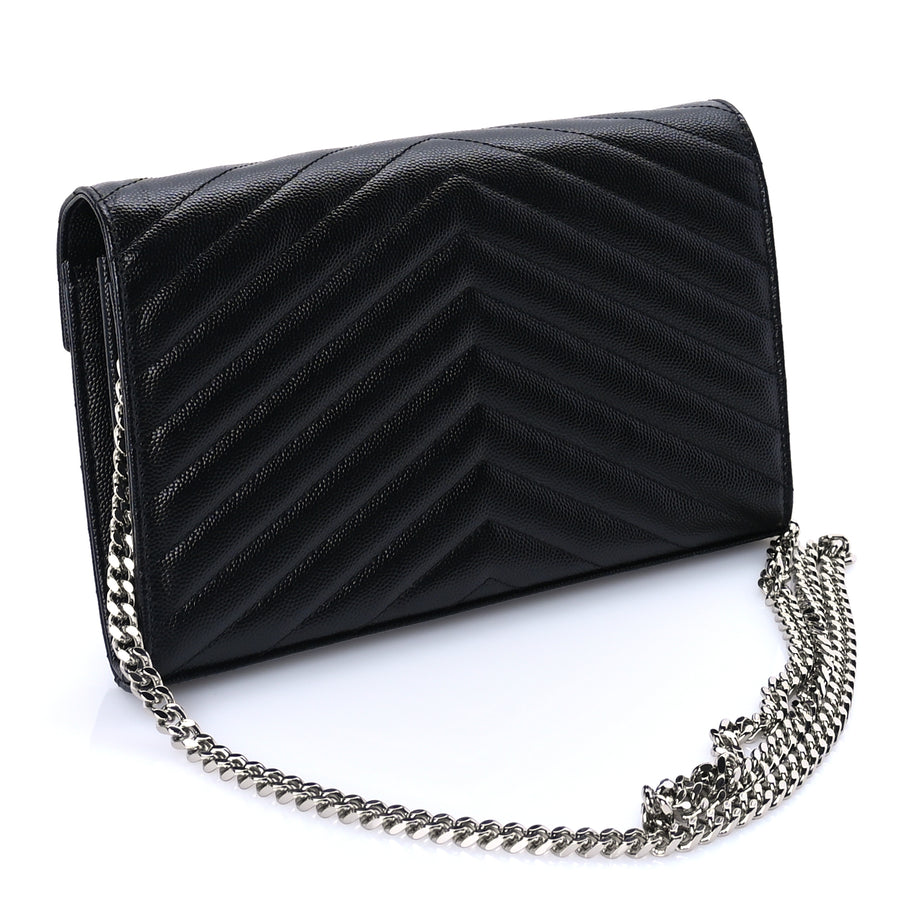Saint Laurent Grain De Poudre Matelasse Chevron Monogram Chain Wallet Black Image 2