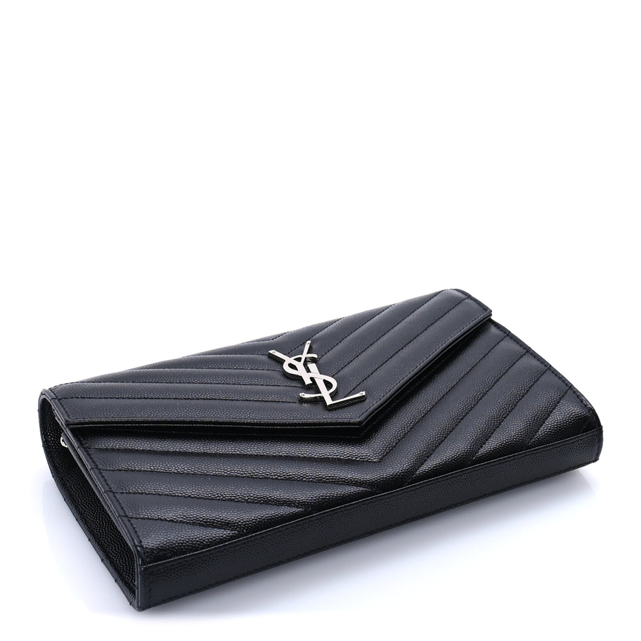 Saint Laurent Grain De Poudre Matelasse Chevron Monogram Chain Wallet Black Image 3