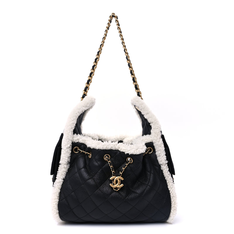  Chanel Crumpled Sheepskin Shearling Quilted Small Chanel 25 Handbag Black White