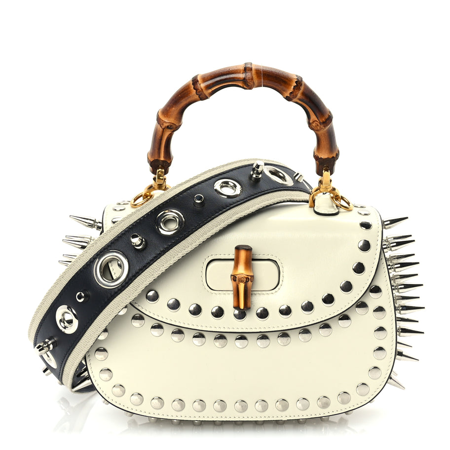 Gucci Boarded Dyana Lux Studded Calfskin Web Small Bamboo 1947 Top Handle Bag  Mystic White Image 1