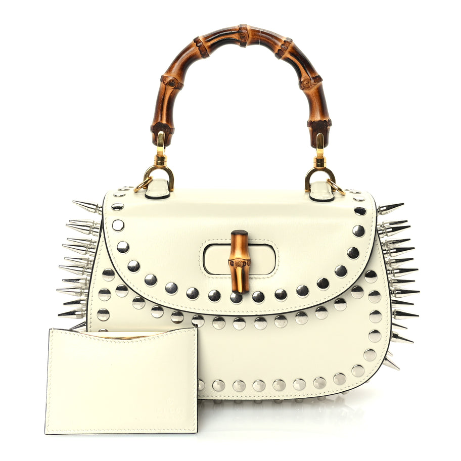 Gucci Boarded Dyana Lux Studded Calfskin Web Small Bamboo 1947 Top Handle Bag  Mystic White Image 2