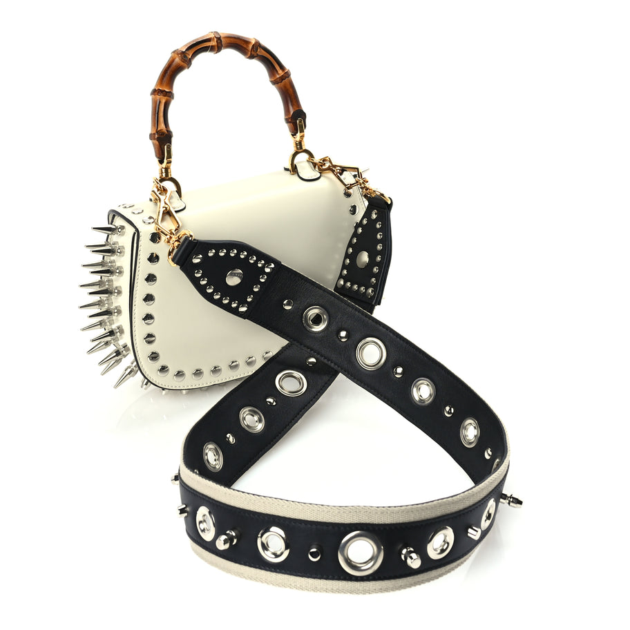 Gucci Boarded Dyana Lux Studded Calfskin Web Small Bamboo 1947 Top Handle Bag  Mystic White Image 3