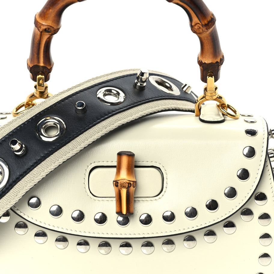 Gucci Boarded Dyana Lux Studded Calfskin Web Small Bamboo 1947 Top Handle Bag  Mystic White Image 7