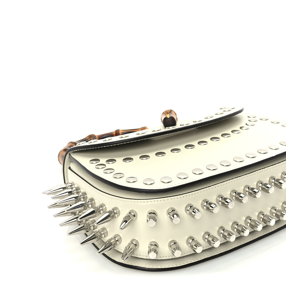 Gucci Boarded Dyana Lux Studded Calfskin Web Small Bamboo 1947 Top Handle Bag  Mystic White Image 8