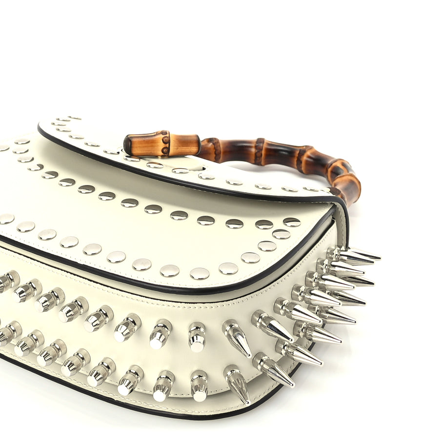 Gucci Boarded Dyana Lux Studded Calfskin Web Small Bamboo 1947 Top Handle Bag  Mystic White Image 9