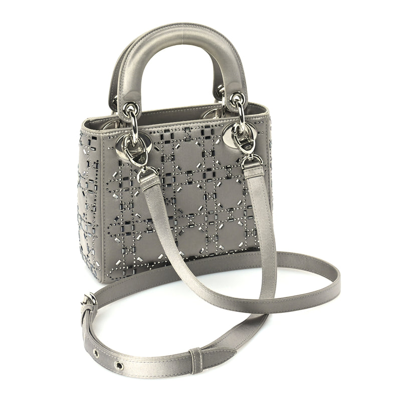  Christian Dior Satin Crystal Cannage Mini Lady Dior Grey