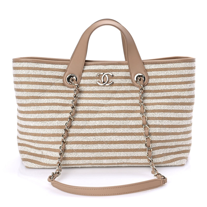  Chanel Printed Fabric Striped CC Tote Light Beige