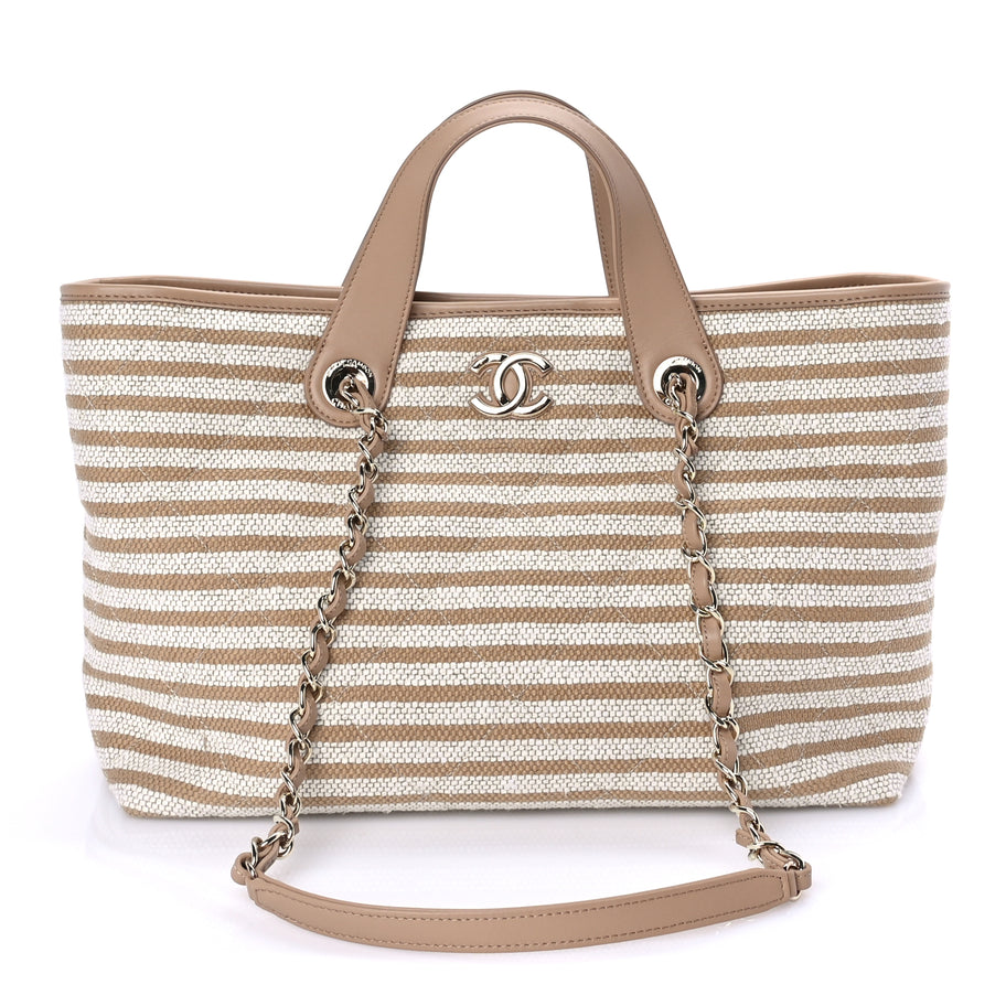 Chanel Printed Fabric Striped CC Tote Light Beige Image 1