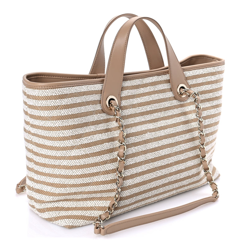  Chanel Printed Fabric Striped CC Tote Light Beige