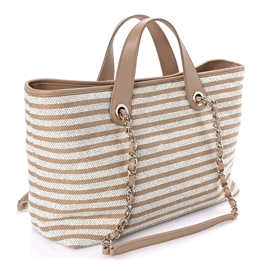 Chanel Printed Fabric Striped CC Tote Light Beige Image 2