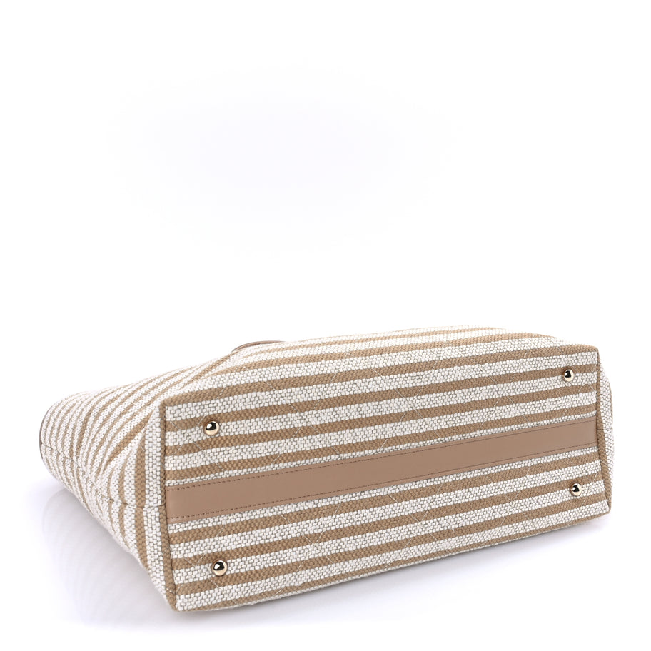 Chanel Printed Fabric Striped CC Tote Light Beige Image 3