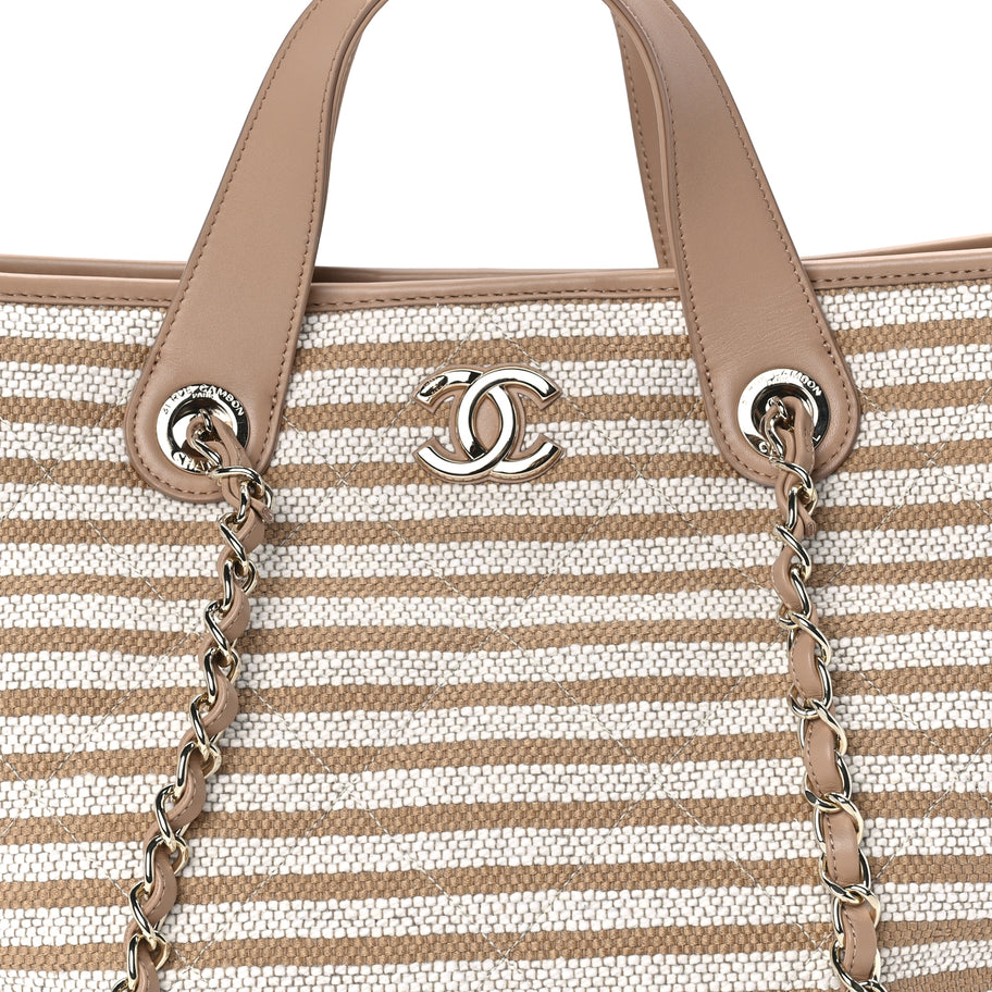 Chanel Printed Fabric Striped CC Tote Light Beige Image 7