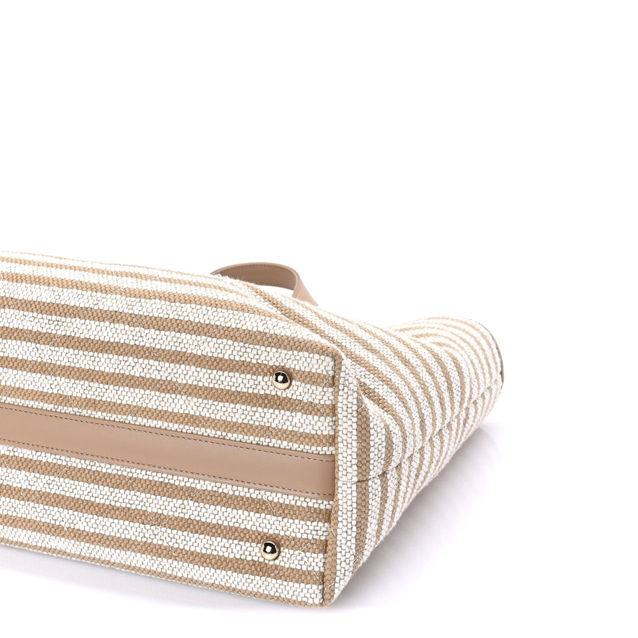Chanel Printed Fabric Striped CC Tote Light Beige Image 9