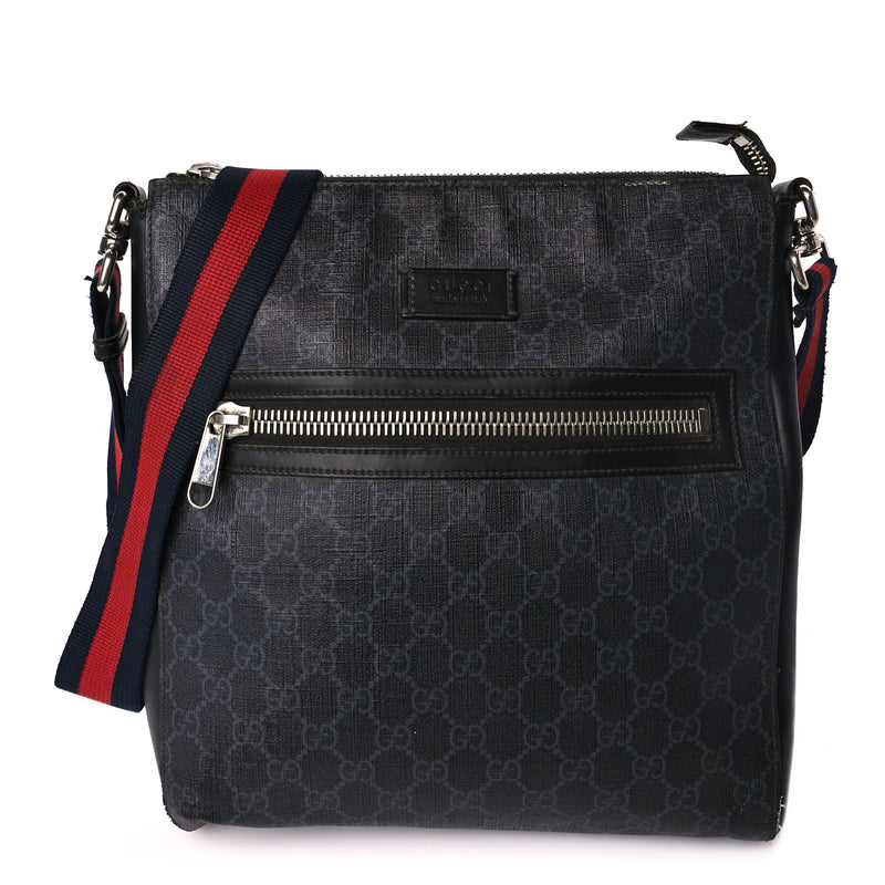  Gucci GG Supreme Monogram Appia Calfskin Web Flat Messenger Bag Black Grey