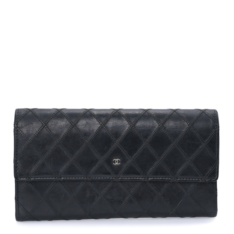  Chanel Calfskin Diamond Stitch Large Gusset Flap Wallet  Black