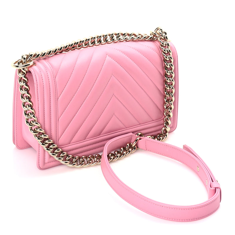  Chanel Lambskin Chevron Quilted Medium Boy Flap  Pink