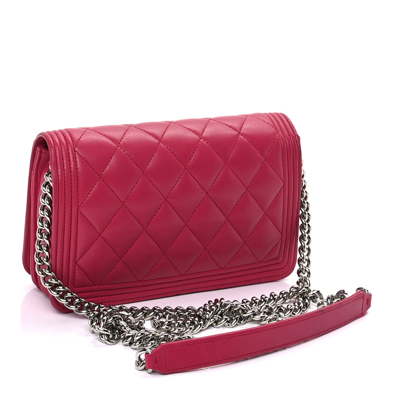  Chanel Lambskin Quilted Boy Wallet On Chain WOC  Pink