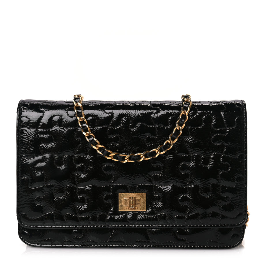 Chanel Crackled Patent Calfskin Puzzle Reissue Wallet On Chain WOC Black Image 1