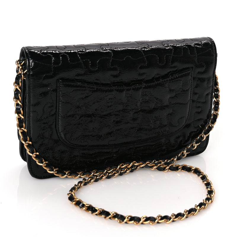  Chanel Crackled Patent Calfskin Puzzle Reissue Wallet On Chain WOC Black