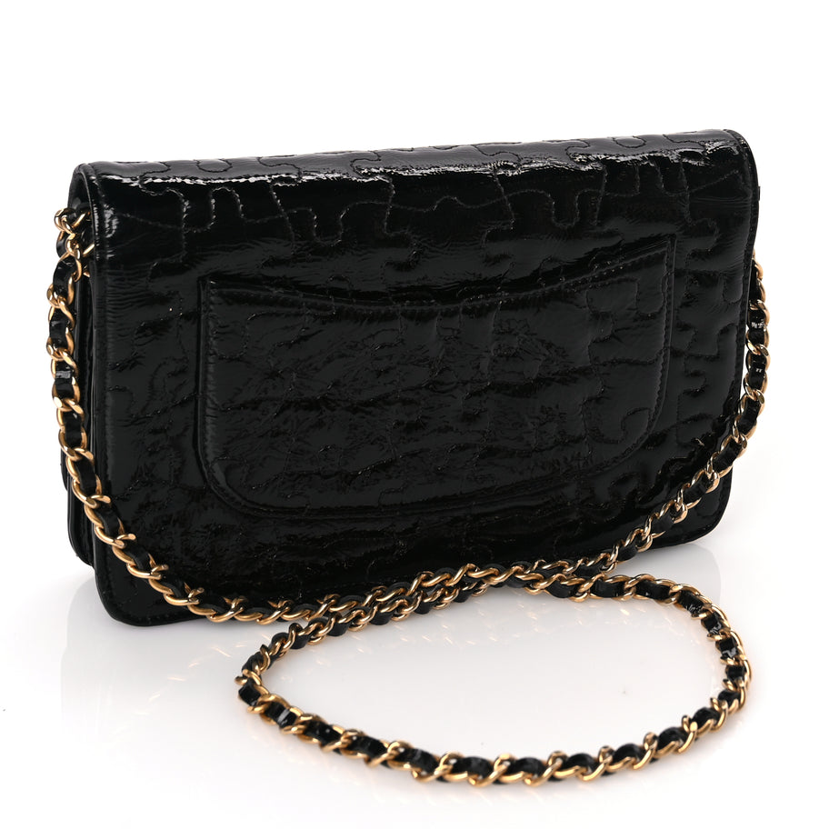 Chanel Crackled Patent Calfskin Puzzle Reissue Wallet On Chain WOC Black Image 2