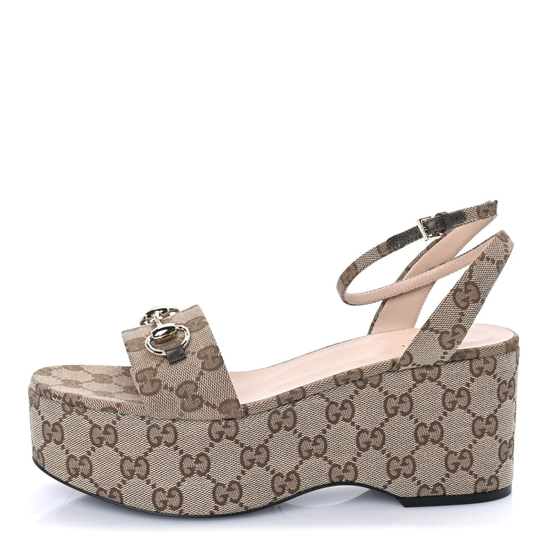  Gucci Monogram Nappa Chalotte Horsebit Ankle Strap 75mm Platform Sandals 39  Beige Ebony